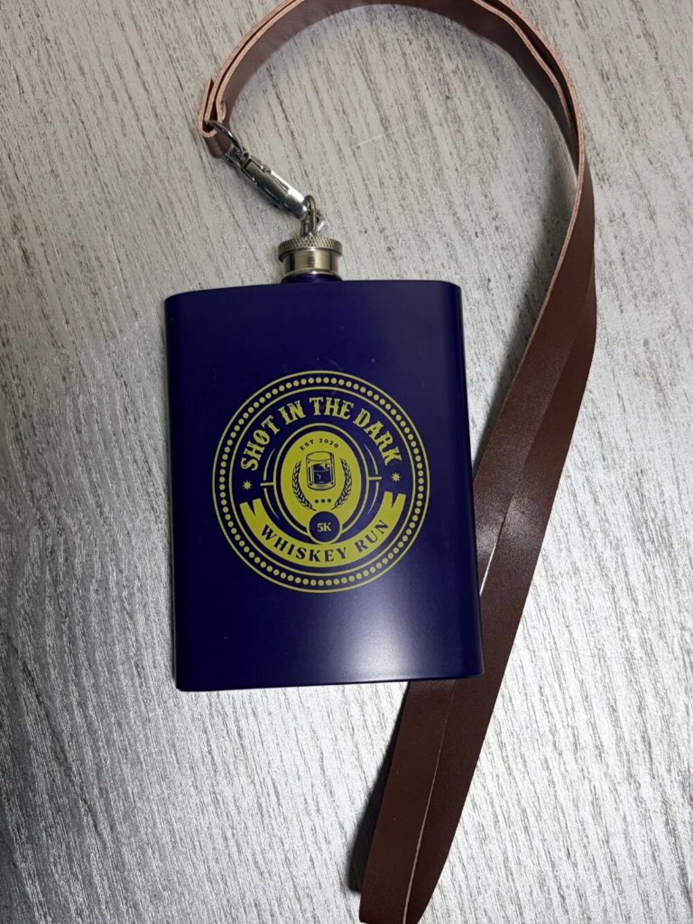 Blue Hip Flask Shot in the Dark Whiskey Run 5K with Strap Like New